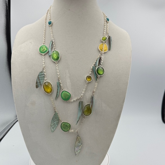 Chico's Green and Yellow Necklace with Silver Chains - Picture 1 of 4